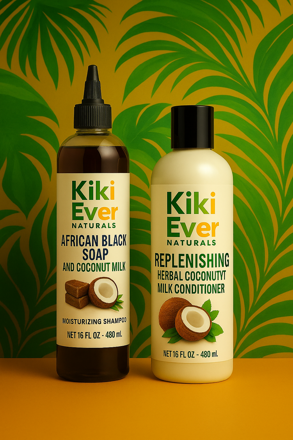 Two bottles of Kiki Ever Naturals products on a green leafy background