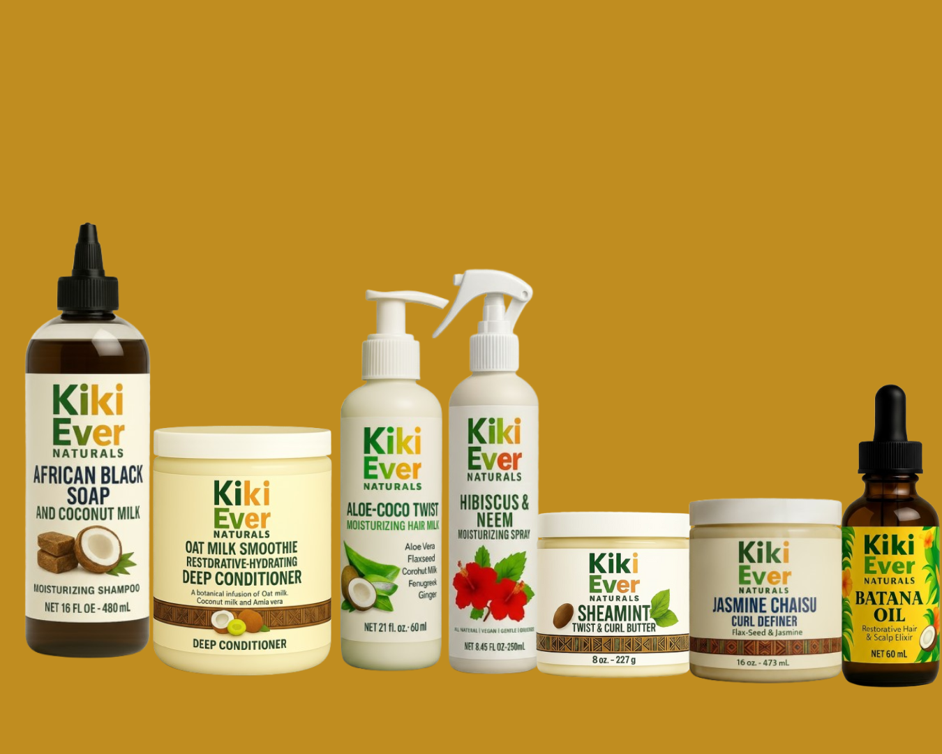 Collection of Kiki Ever hair care products on a yellow background