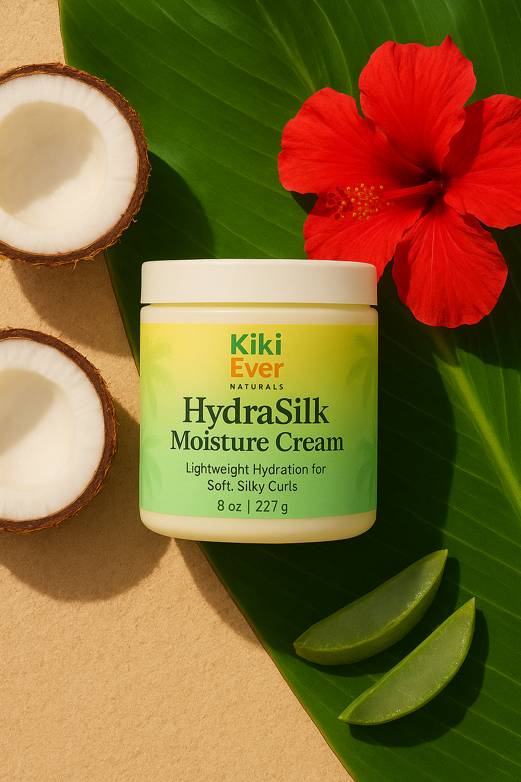 Kiki Ever HydraSilk Moisture Cream jar with coconuts and a red flower on a green leaf background