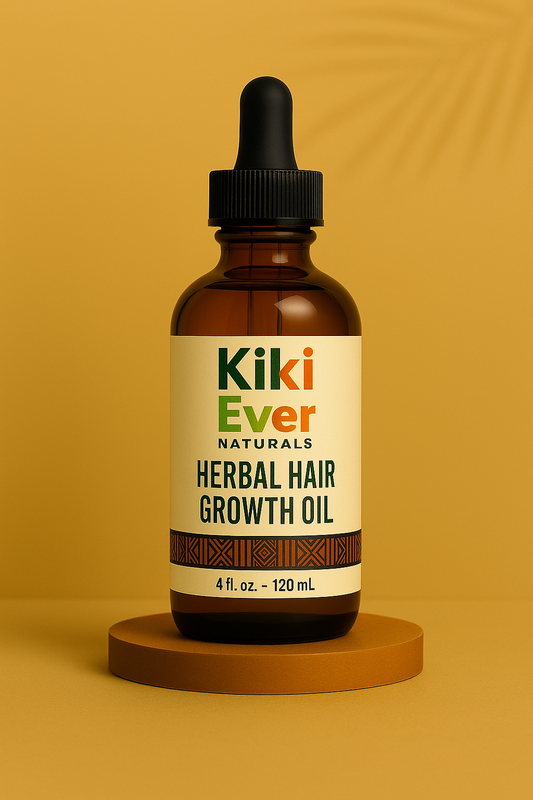 Kiki Ever Naturals Herbal Hair Growth Oil bottle on a mustard yellow background