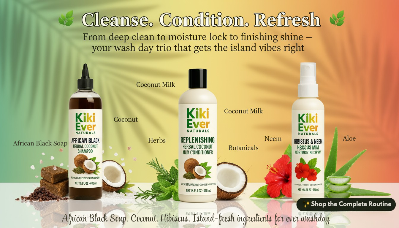 Kiki Ever Naturals product lineup with bottles and ingredients on a gradient background