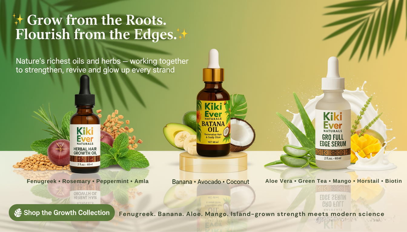 Kiki Ever skincare and hair care products with a green background and text about nature's richest oils and herbs.