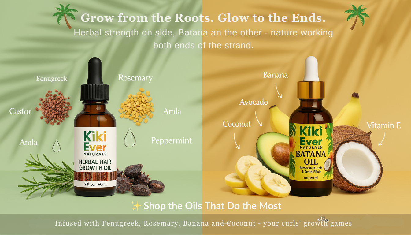 Kiki Ever hair growth oil with ingredients and benefits displayed on a green and beige background.