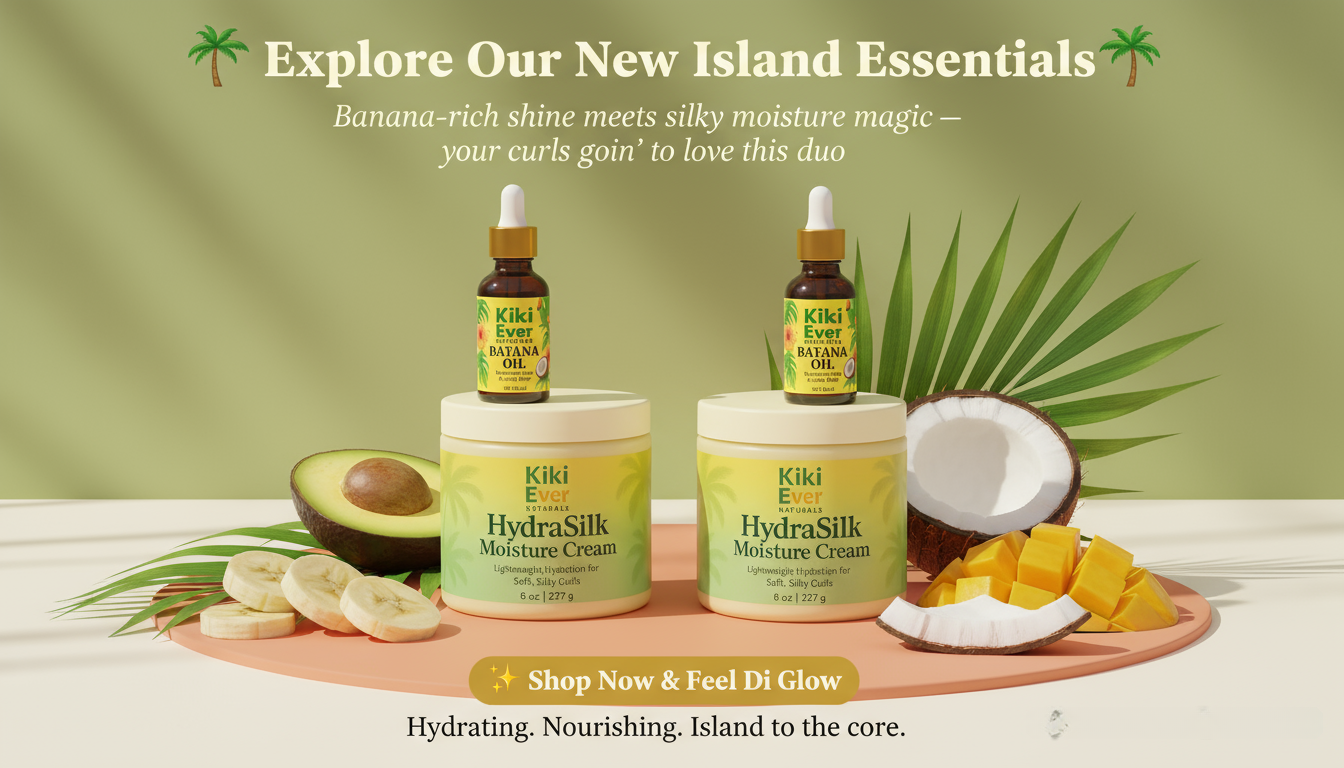 Kiki Banana and Kiki HydraSilk hair care products with promotional text on a green background