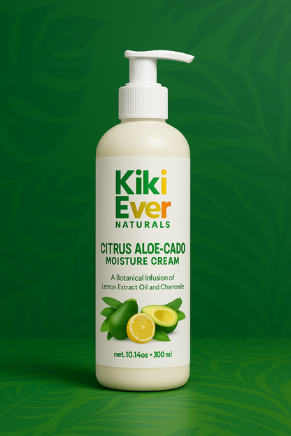 Kiki Ever Naturals Citrus Aloe-Cado Moisture Cream bottle on a green background