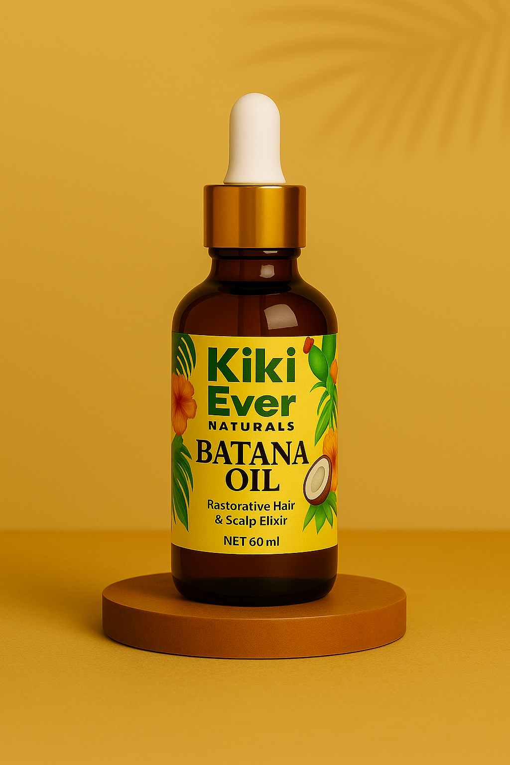 Kiki Ever Naturals Batana Oil bottle on a yellow background