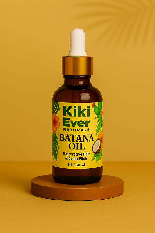 Kiki Ever Naturals Batana Oil bottle on a yellow background