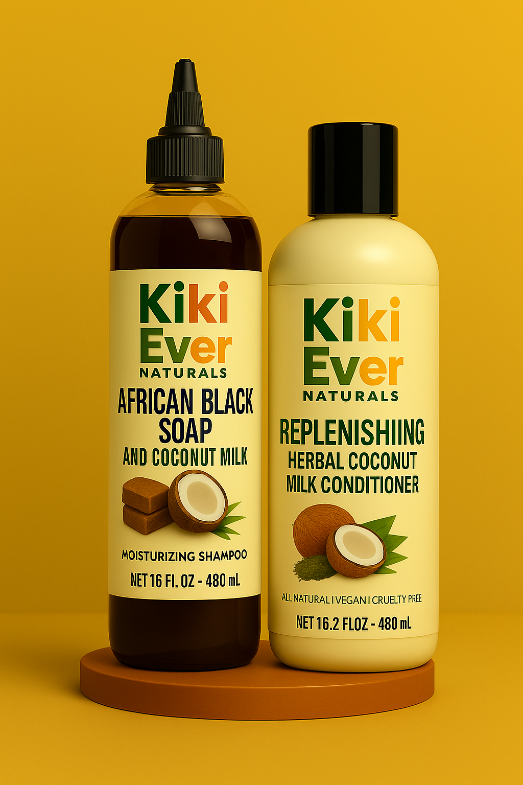 Two Kiki Ever Naturals products on a yellow background