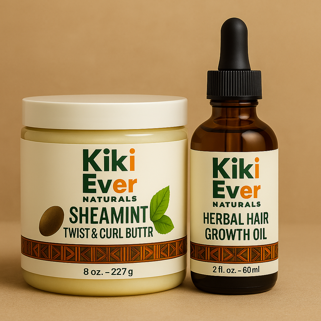 Kiki Ever Naturals hair care products on a beige background