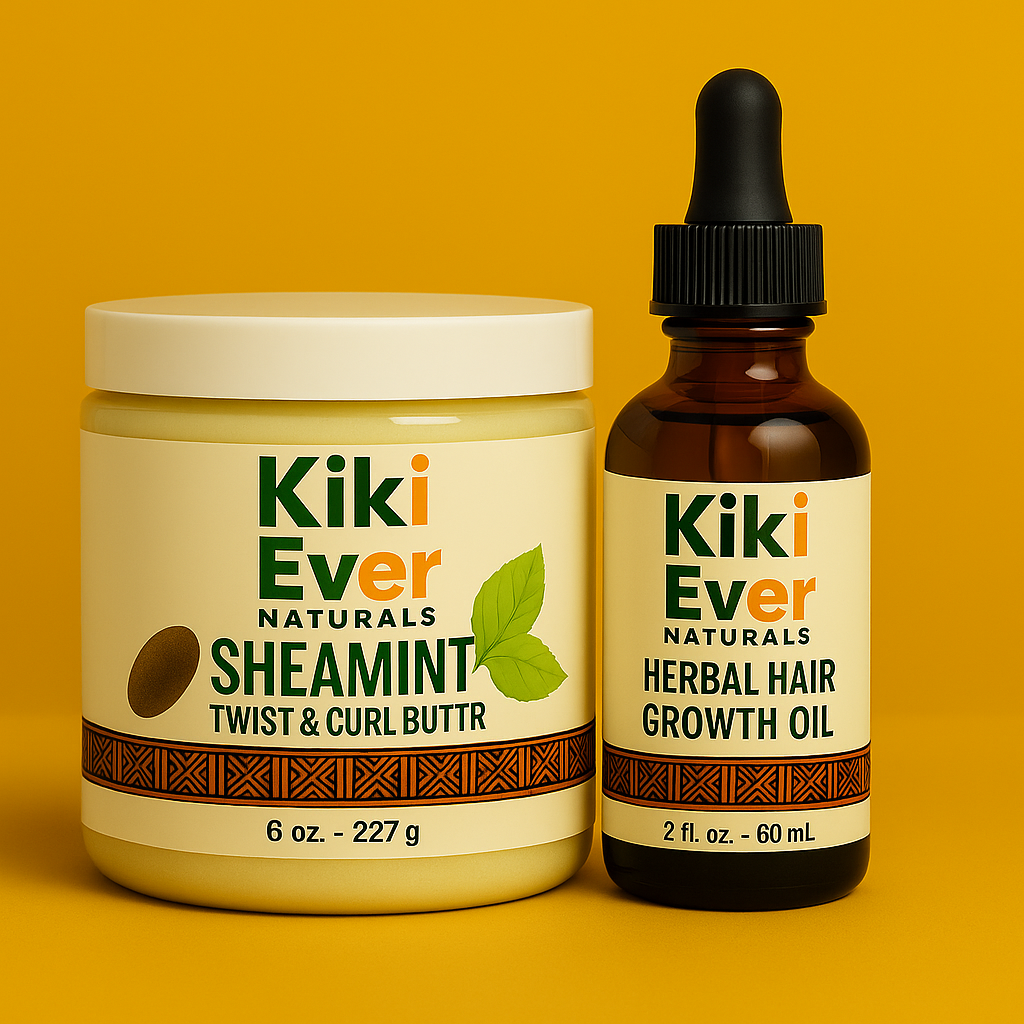 Kiki Ever Naturals sheamint twist & curl butter and herbal hair growth oil on a yellow background