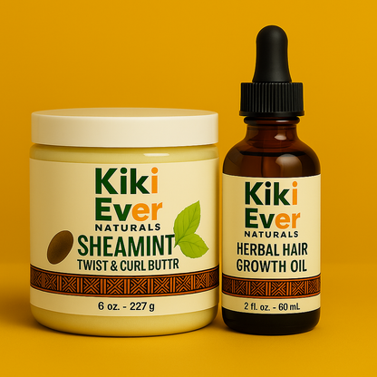 Kiki Ever Naturals sheamint twist & curl butter and herbal hair growth oil on a yellow background