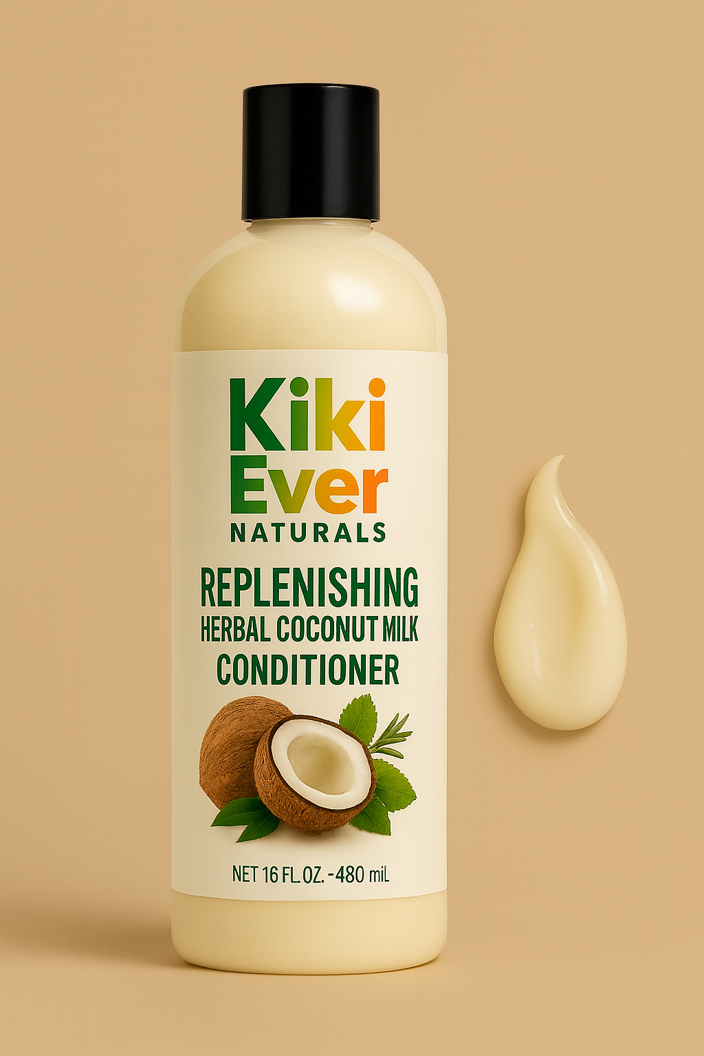 Kiki Ever Naturals replenishing herbal coconut milk conditioner bottle on a beige background