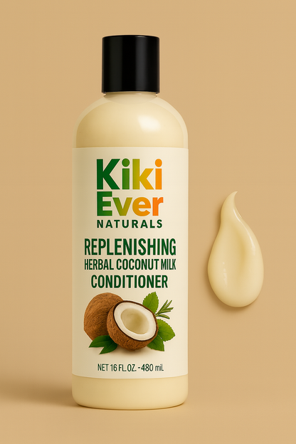 Kiki Ever Naturals replenishing herbal coconut milk conditioner bottle on a beige background