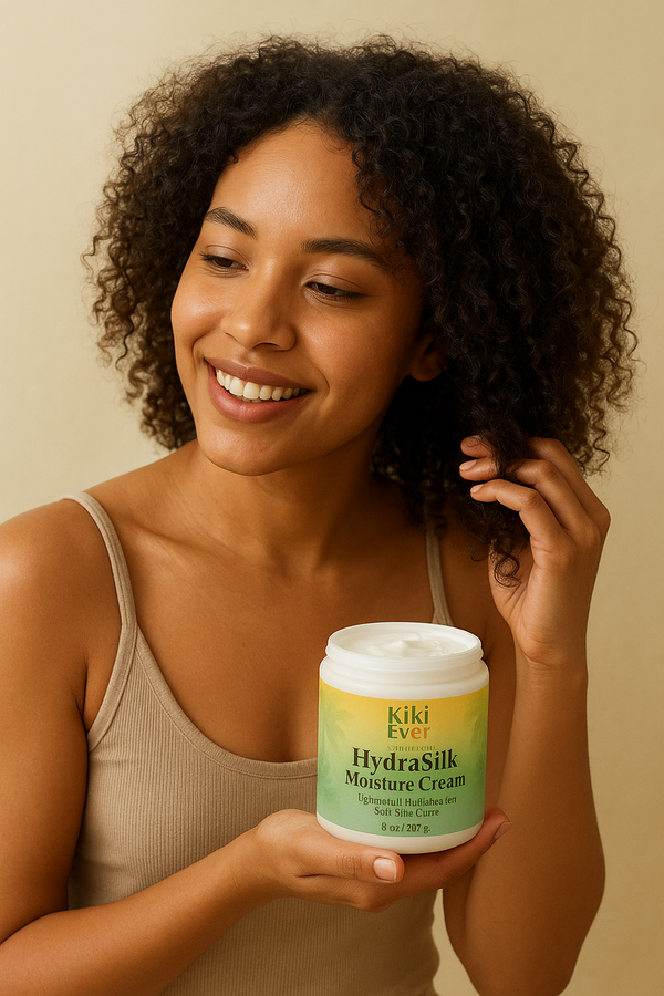 Woman holding a jar of Kiki Ever HydraSilk Moisture Cream against a beige background