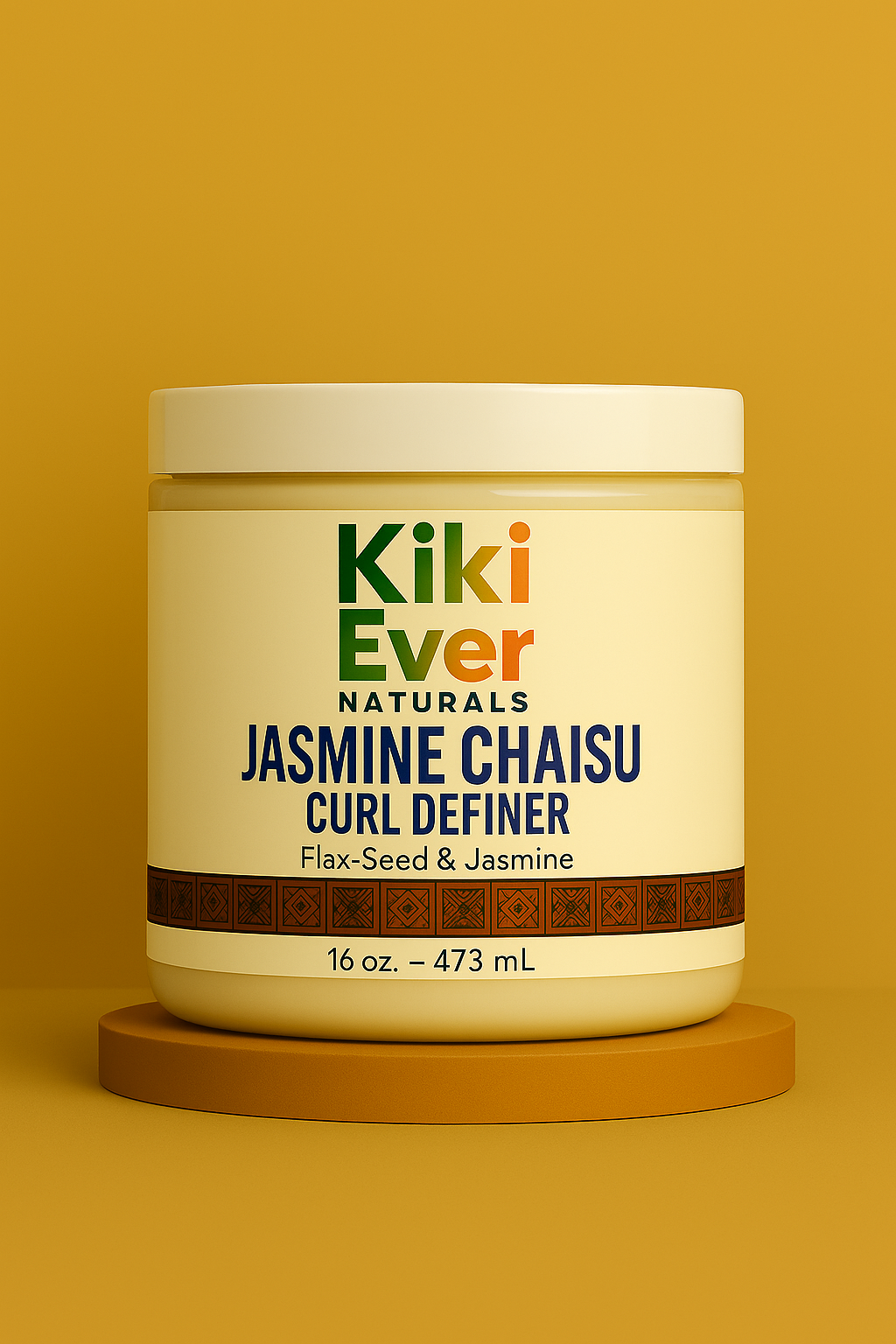 Kiki Ever Naturals Jasmine Chaisu Curl Definer jar on a mustard yellow background