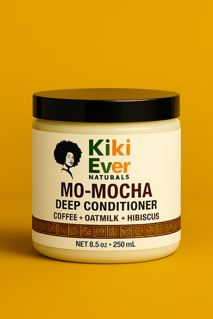 Kiki Ever Naturals Mo-Mocha Deep Conditioner jar on a yellow background