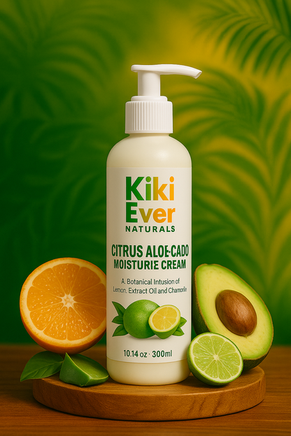 Kiki Ever Naturals Citrus Aloe-Cado Moisture Cream bottle with fruits on a wooden board against a green leafy background