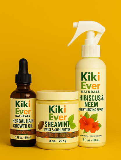 Kiki Ever Naturals hair care products on a yellow background