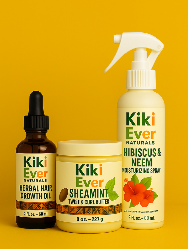 Kiki Ever Naturals hair care products on a yellow background