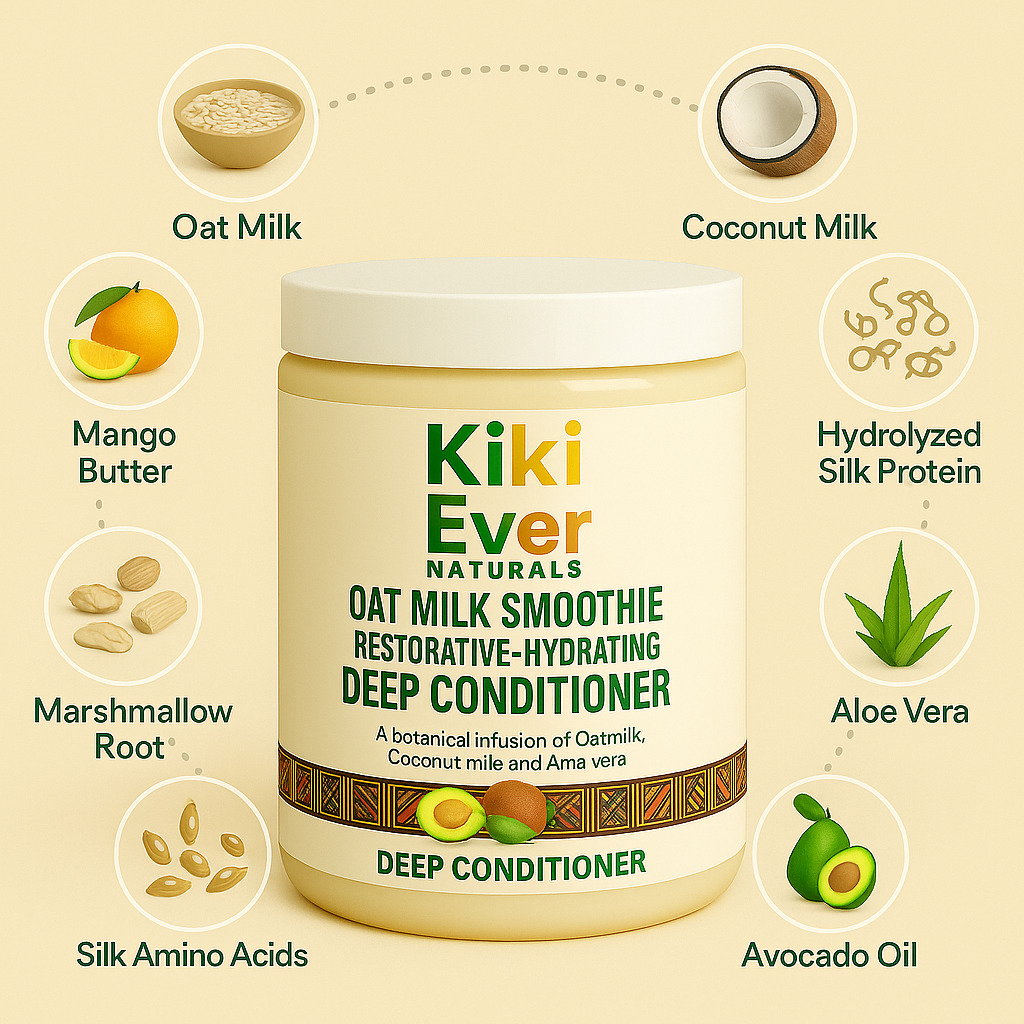 Kiki Ever Naturals deep conditioner jar with ingredients listed on a beige background