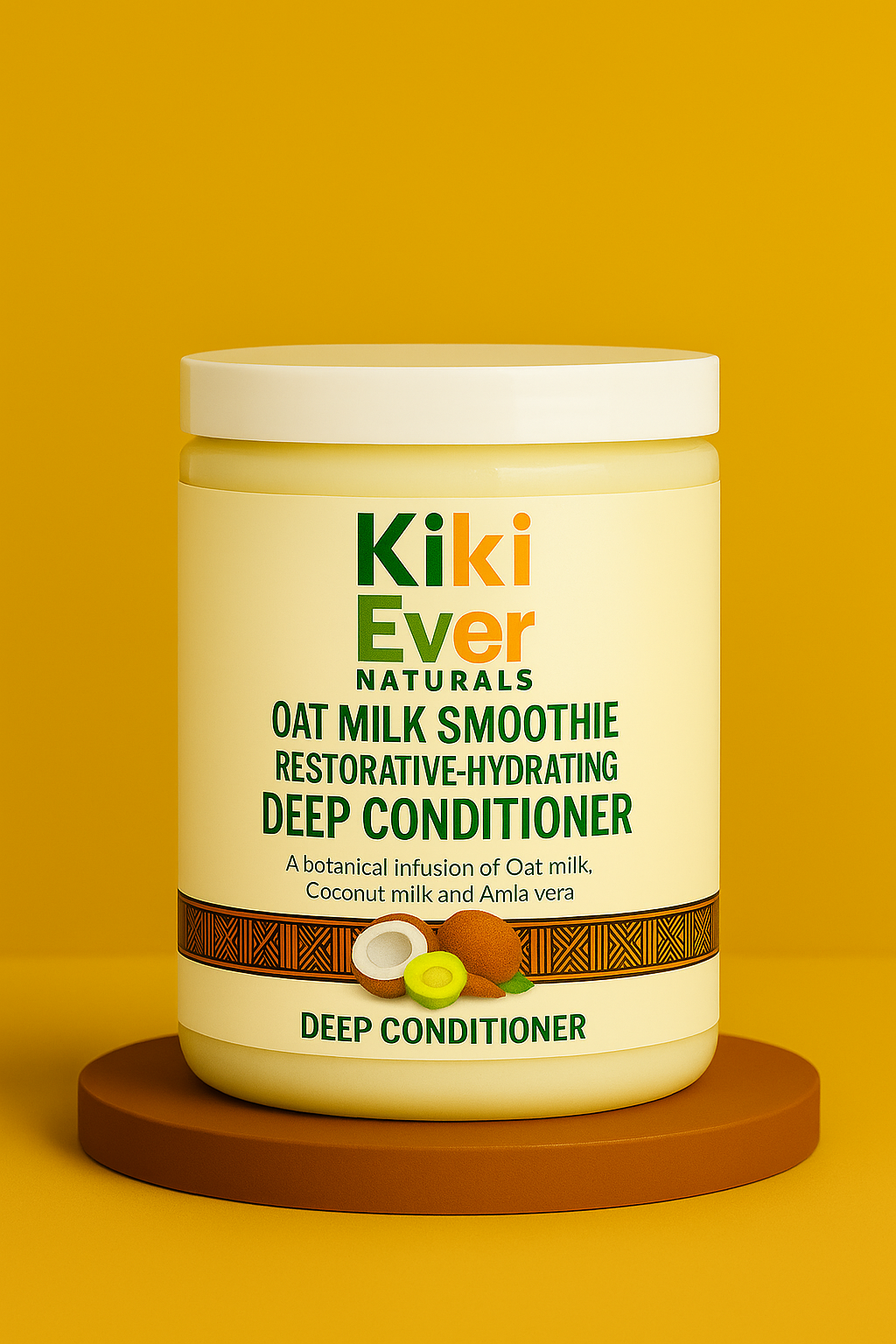 Kiki Ever Naturals Oat Milk Smoothie Deep Conditioner jar on a yellow background