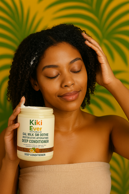 Woman holding a Kiki Ever product against a green and yellow patterned background