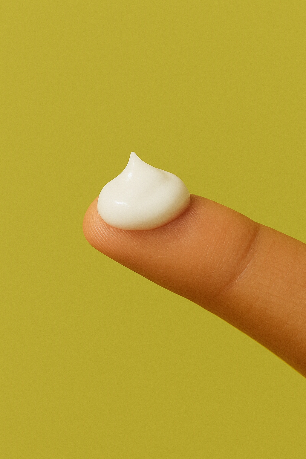White cream on a finger against a green background