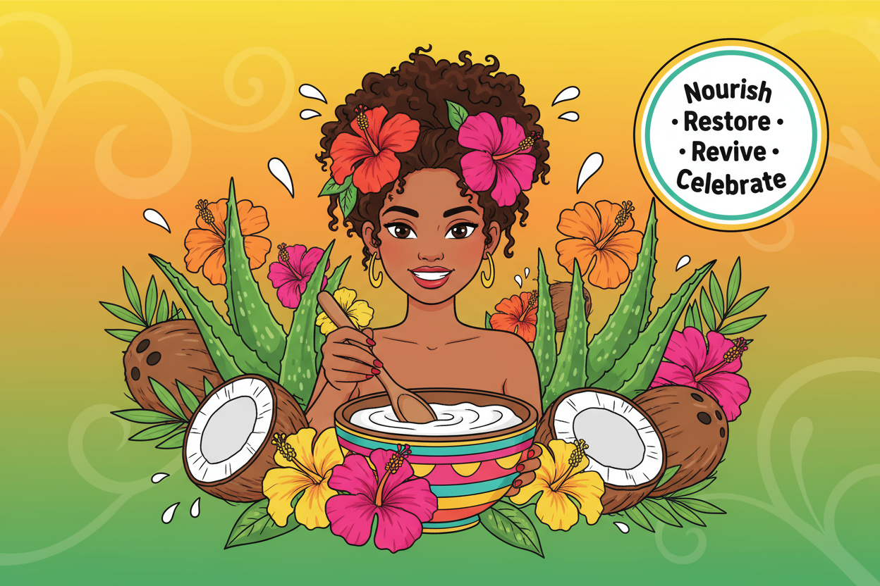 A vibrant, cartoon-style tropical banner featuring a Caribbean woman with natural curls surrounded by hibiscus, aloe, and coconut, mixing a hair mask. Warm yellow, orange, and green gradient background with subtle swirl patterns and a circular badge reading “Nourish · Restore · Revive · Celebrate.”
