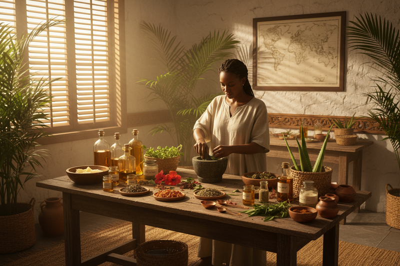 A warm, sunlit Caribbean-inspired scene showing the brand’s roots — a cozy salon or home workshop where natural oils and herbs are being mixed by hand. The image captures heritage, care, and transformation, symbolizing the founder’s journey from tradition to creation. Natural tones, soft light, and subtle tropical details evoke authenticity, warmth, and Caribbean pride.