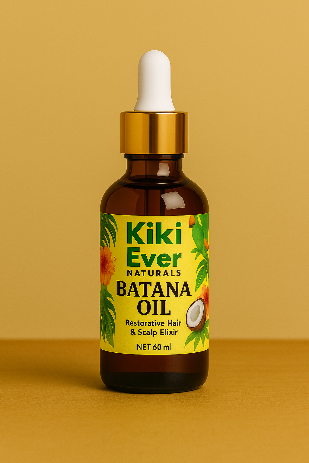 Bottle of Kiki Ever Naturals Banana Oil on a yellow background