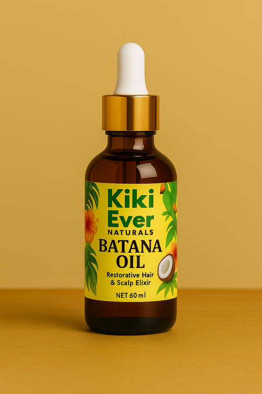 Bottle of Kiki Ever Naturals Banana Oil on a yellow background
