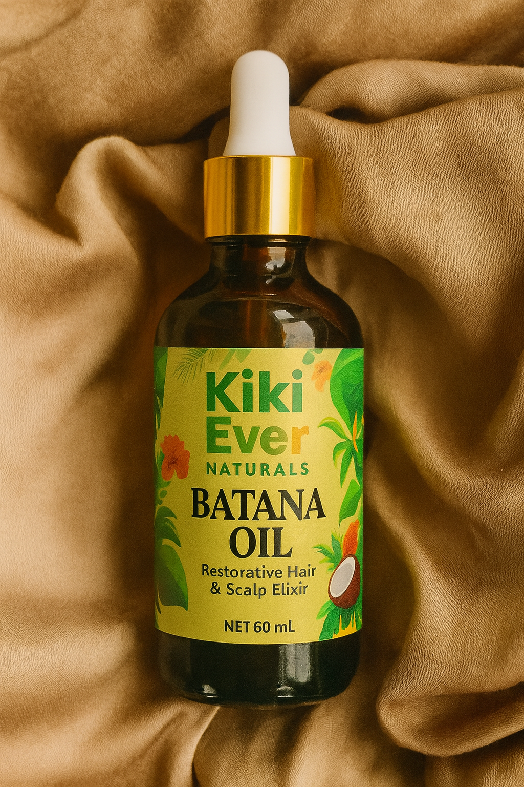 Kiki Ever Naturals Batana Oil bottle on a brown fabric background