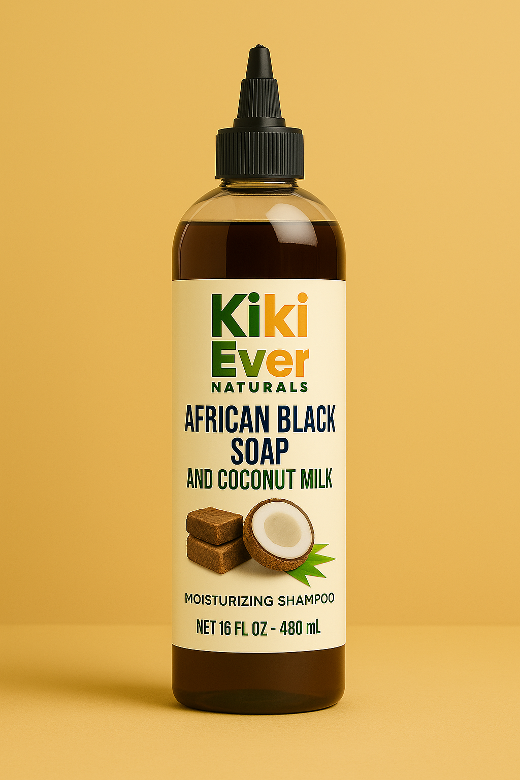 Kiki Ever Naturals African Black Soap and Coconut Milk shampoo bottle on a yellow background