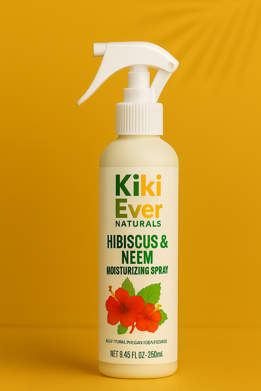 Kiki Ever Naturals Hibiscus & Neem moisturizing spray bottle on a yellow background