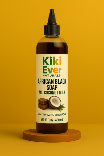 Kiki Ever Naturals African Black Soap and Coconut Milk shampoo bottle on a yellow background
