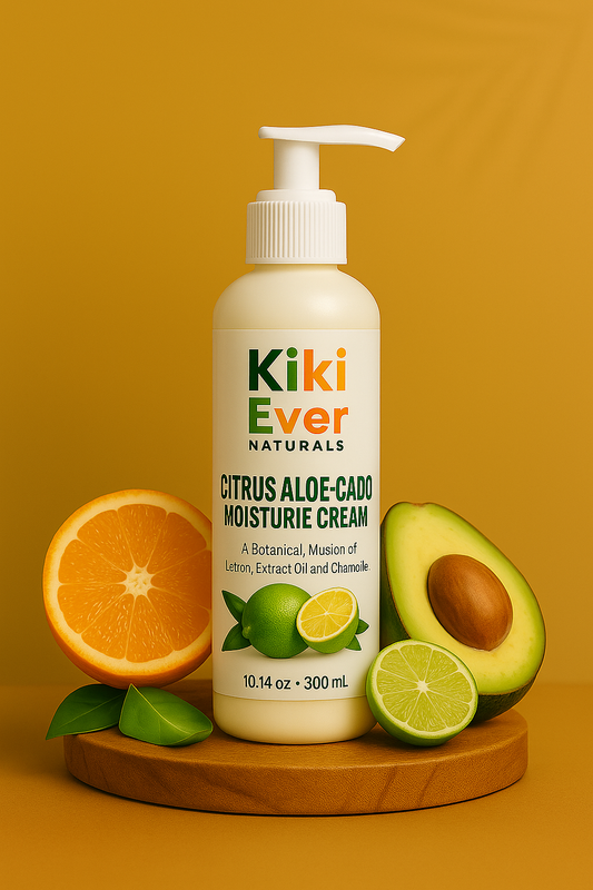 Kiki Ever Naturals Citrus Aloe Cado Moisturice Cream bottle with fruits on a wooden board against a yellow background