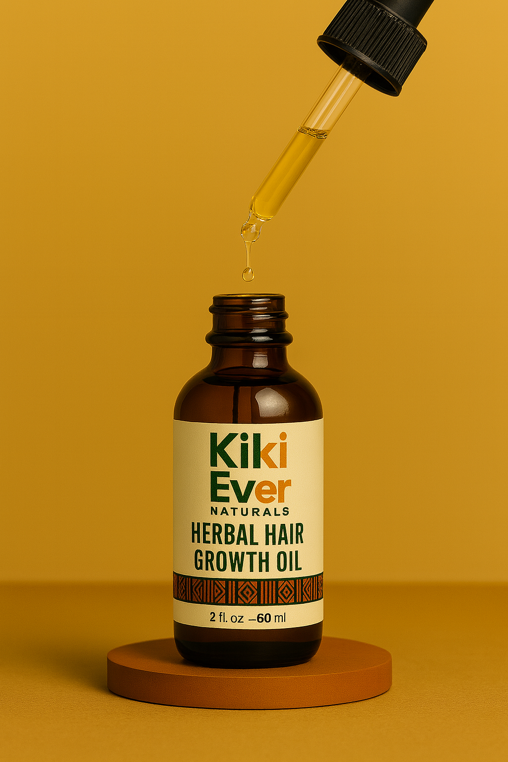 Kiki Ever Naturals Herbal Hair Growth Oil bottle with dropper on a yellow background