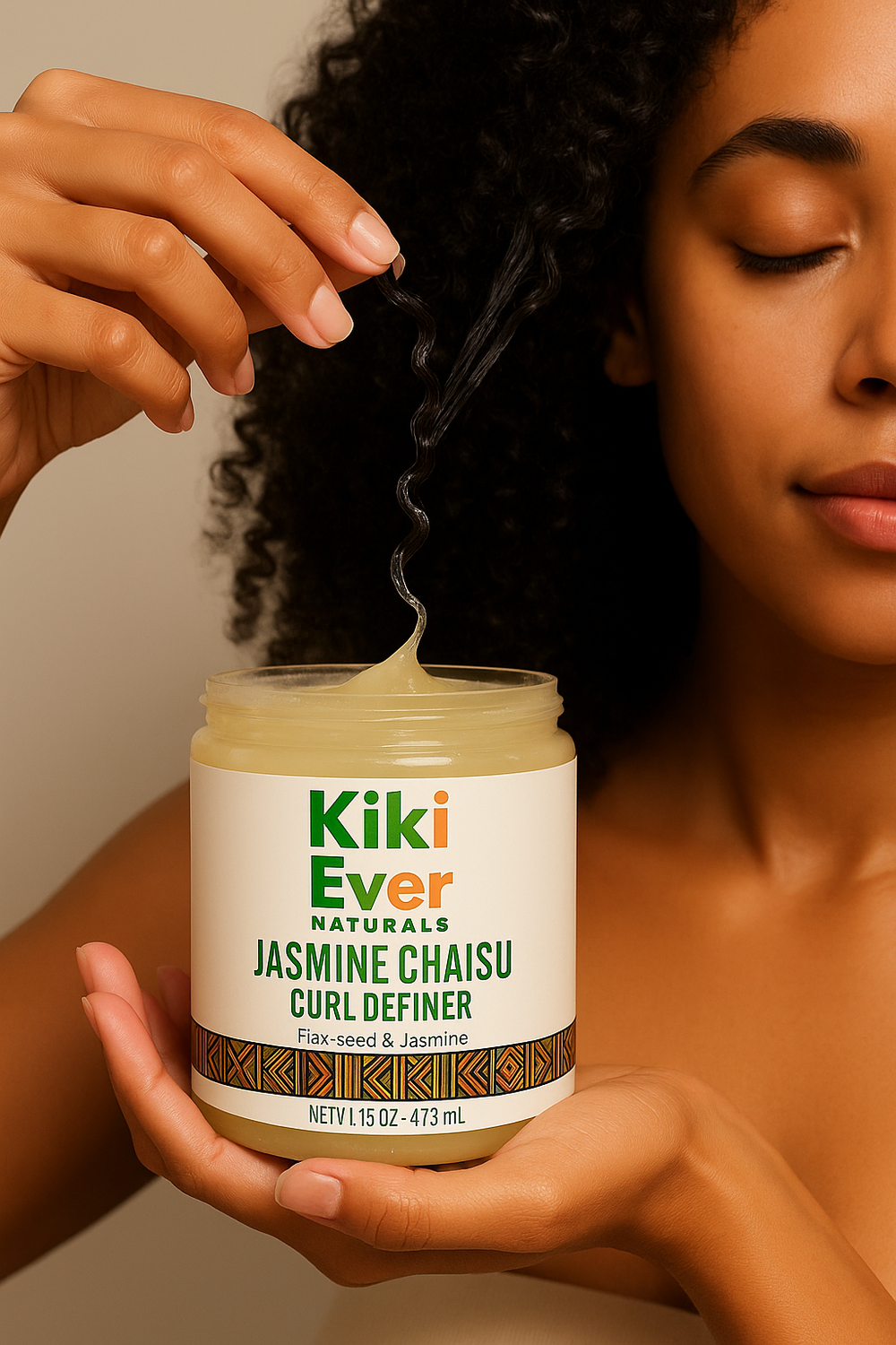 Person using Kiki Ever Naturals Jasmine Chaisu Curl Definer on their hair.