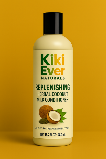 Kiki Ever Naturals Replenishing Herbal Coconut Milk Conditioner bottle on a yellow background