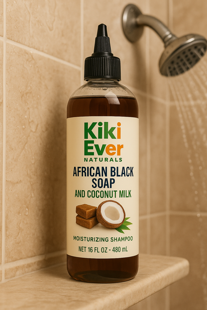 Kiki Ever Naturals African Black Soap and Coconut Milk shampoo bottle on a shower shelf.