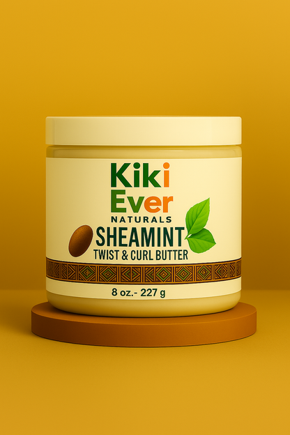 Kiki Ever Naturals Sheamint Twist & Curl Butter jar on a yellow background