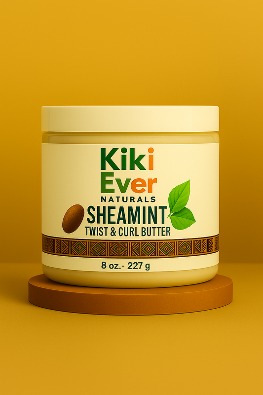 Kiki Ever Naturals Sheamint Twist & Curl Butter jar on a yellow background