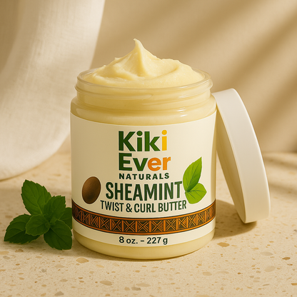 Jar of Kiki Ever Naturals Sheamint Twist & Curl Butter with a mint leaf on a beige background