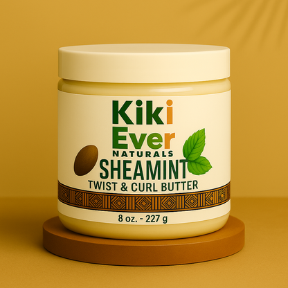 Jar of Kiki Ever Naturals Sheamint Twist & Curl Butter on a yellow background