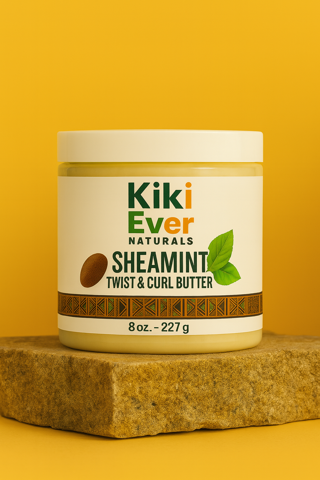 Kiki Ever Naturals Sheamint Twist & Curl Butter jar on a yellow background
