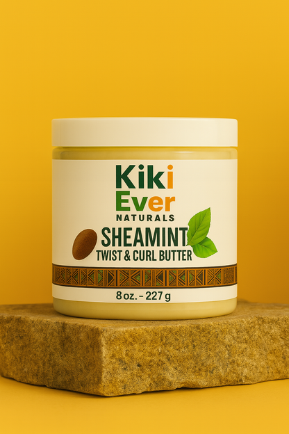 Kiki Ever Naturals Sheamint Twist & Curl Butter jar on a yellow background
