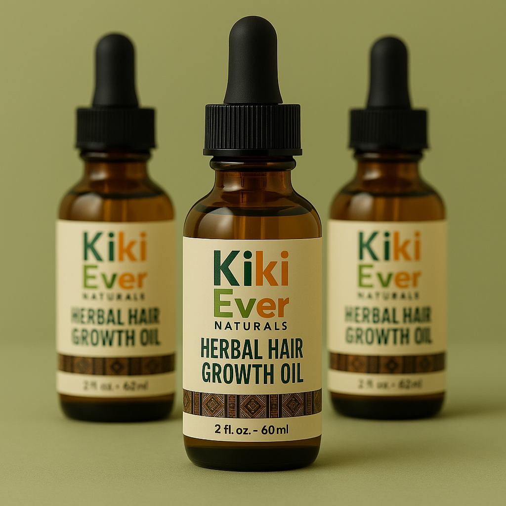 Three bottles of Kiki Ever Naturals Herbal Hair Growth Oil on a green background