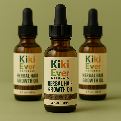 Three bottles of Kiki Ever Naturals Herbal Hair Growth Oil on a green background