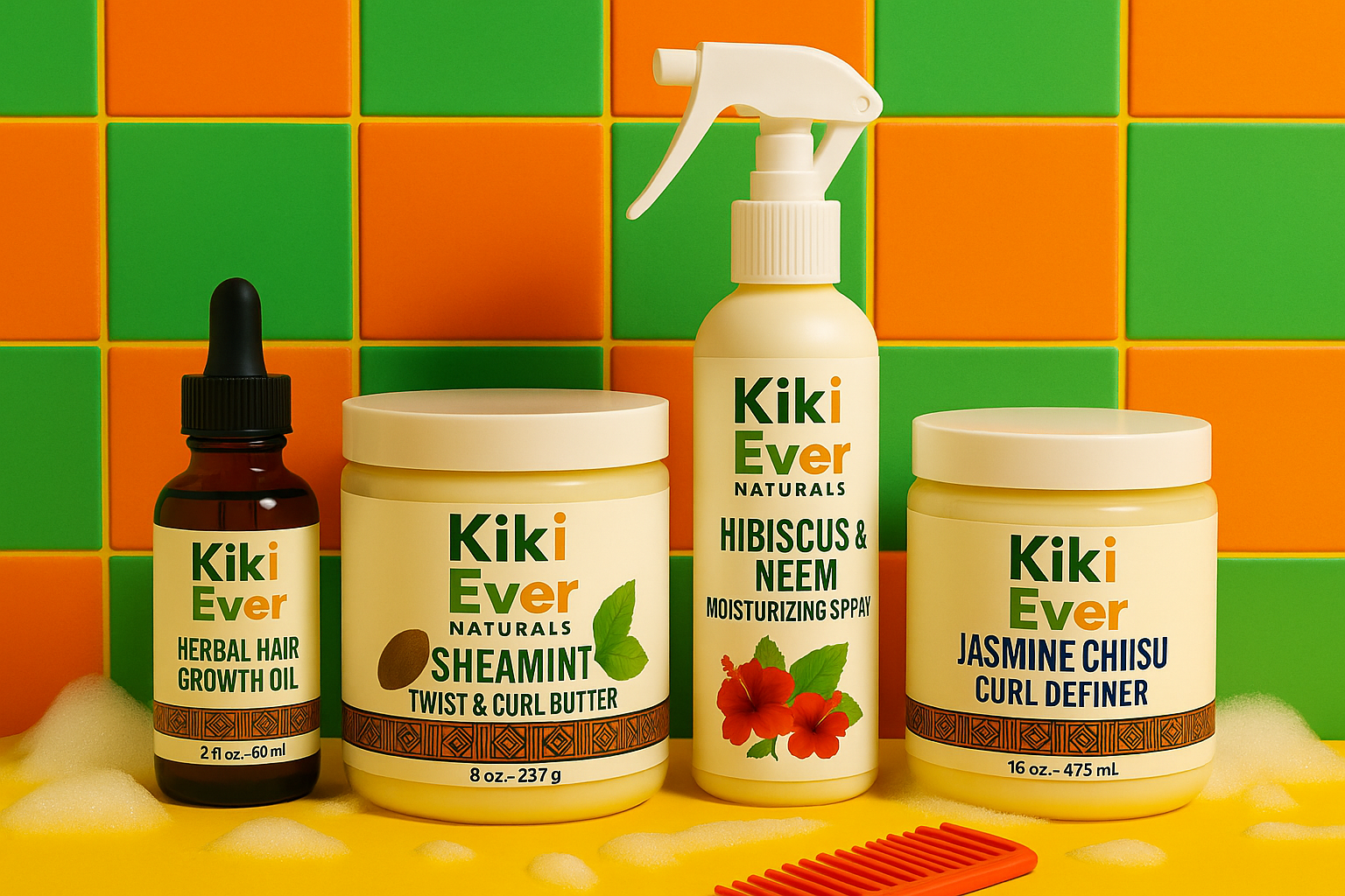 Collection of Kiki Ever Naturals hair care products on a colorful tiled background