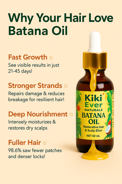 Kiki Ever Naturals Batana Oil bottle with text highlighting benefits on a beige background